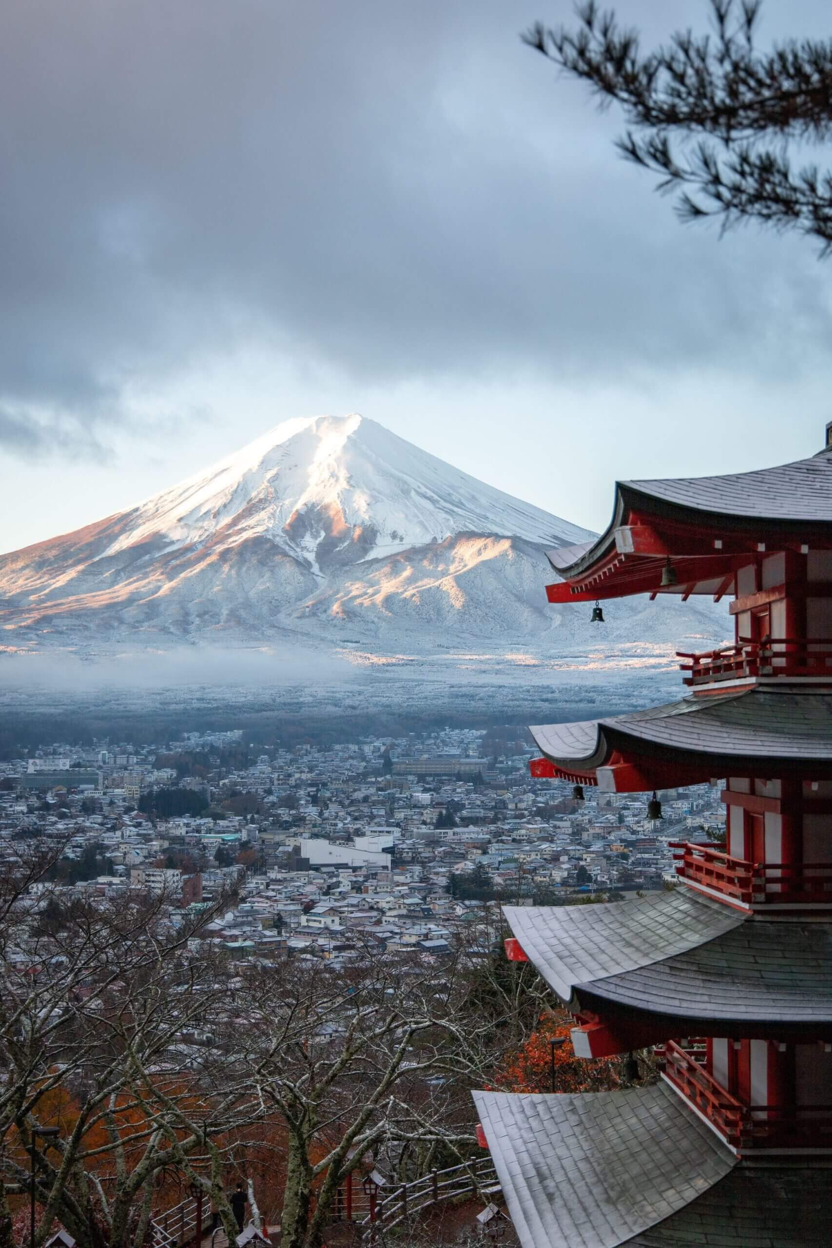 Montain view of Japan with traditional palace and city background